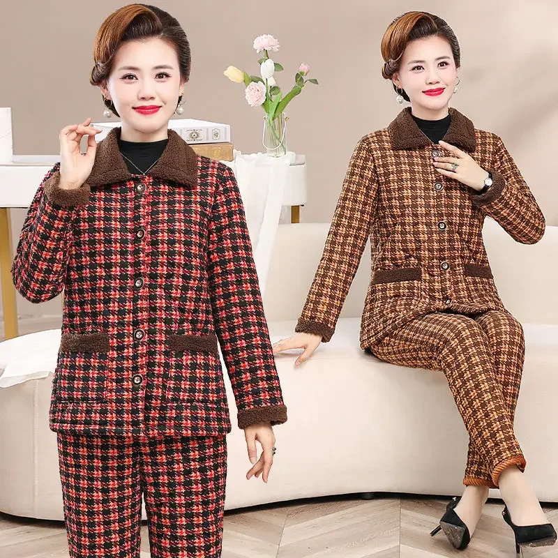 

Winter Cotton-padded Trouser Suit Mother Plus Fleece Thickened Warm Two-piece Cotton-padded Suit for Middle-aged Elderly Women