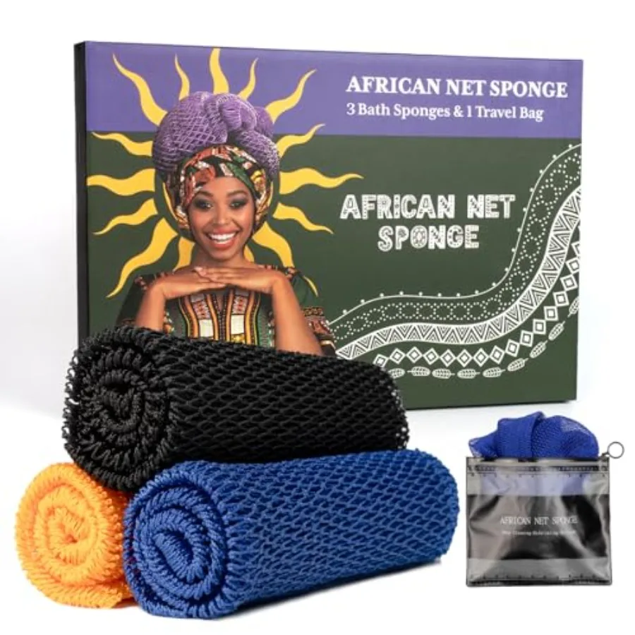 

African Net Sponge Authentic 3 Pieces with Storage Bag African Exfoliating Net Sponge Washcloth Exfoliating Body Scrubber Bath