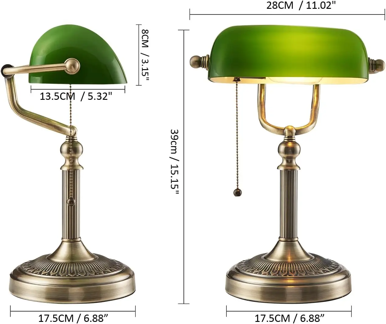 Vintage Green Glass Bankers Desk Lamp with Pull Chain Switch, Adjustable Angle