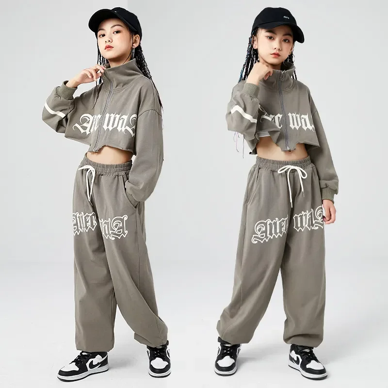 

Sport Sweat Joggers Pants For Girls Jazz Dance Costume Kpop Clothes Kids Hip Hop Clothing Teenager Gray Crop Sweatshirt Casual