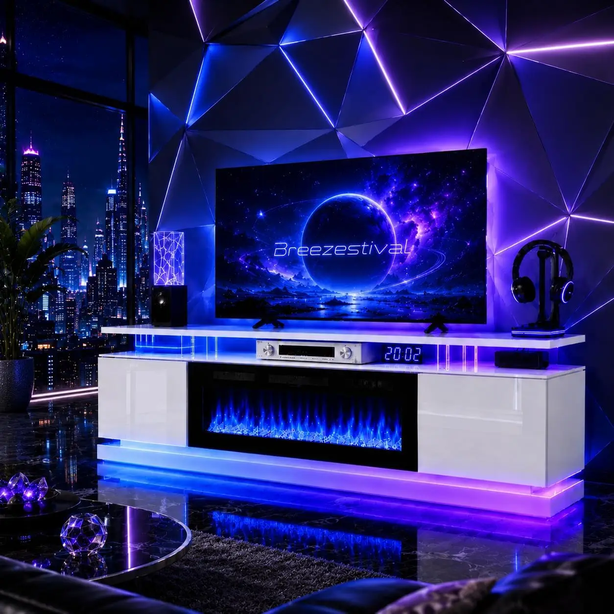 

Modern White TV Stand with Black Electric Fireplace, Storage Cabinets & Adjustable LED Lights for
