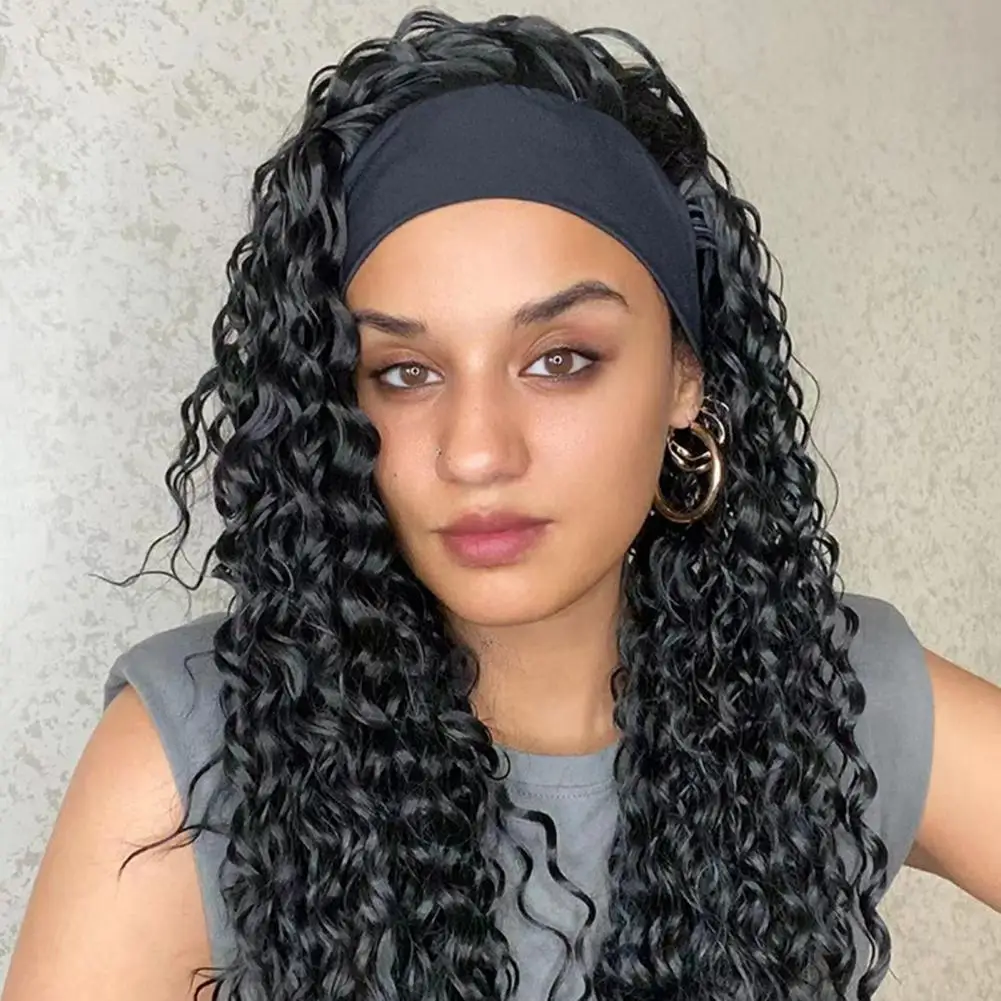 

24-дюймовый женский парик, пушистый, не выпадающий, не запутывается, легкий, устойчивый к разрыву, декор для причесок, черный цвет, вьющаяся повязка на голову с водой, Hum