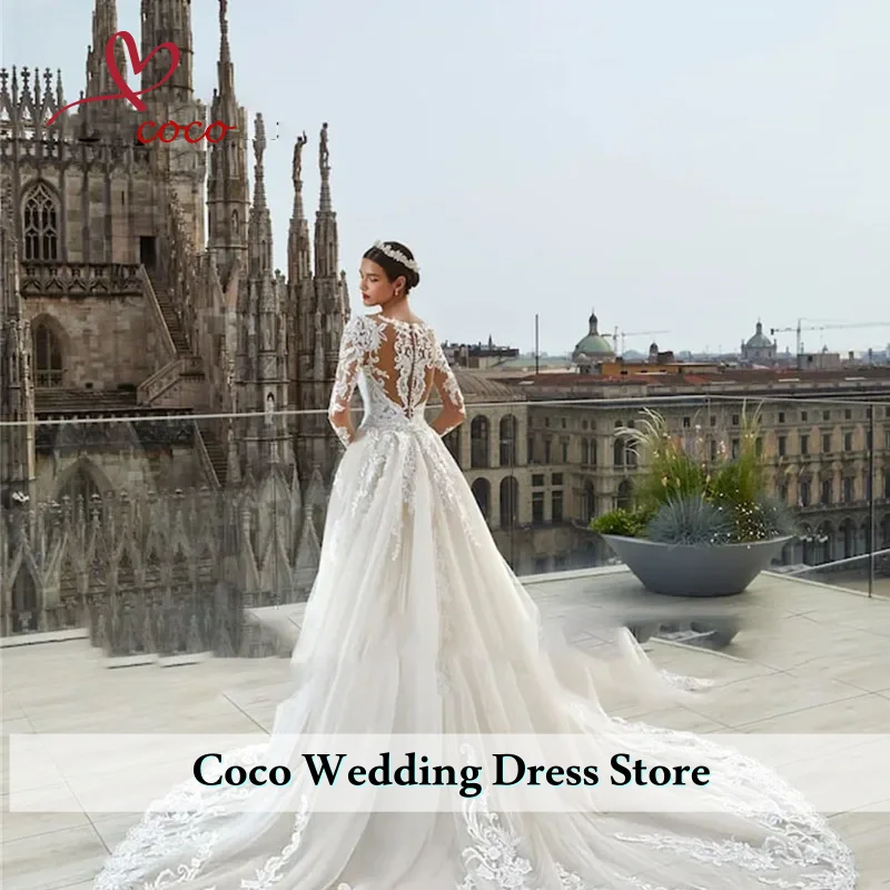 Customized Elegant Lace Mermaid Wedding Dress with Detachable  Tulle Train Long Sleeve Scoop Neck Sequined Applique Bridal Gown