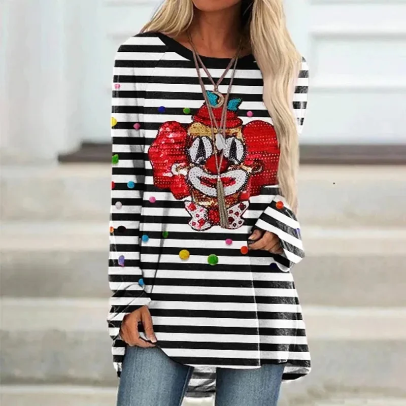 Kölner Karneval Clown Striped Print Casual Tunic 3D All Over Printed Women's Round Neck Long Sleeved T-Shirt