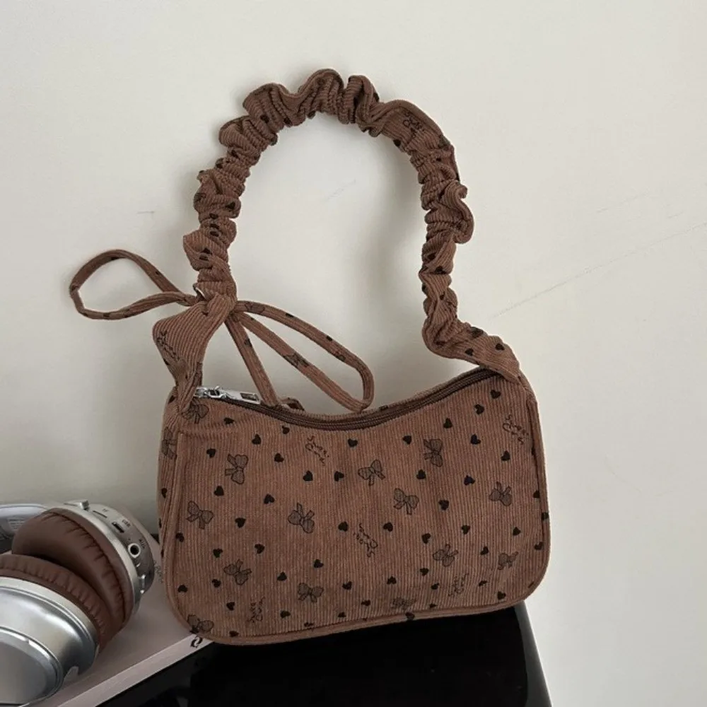 

Small Size Underarm Shoulder Bag Eco Cloth Large Capacity Mini Corduroy Handbag Bowknot Print Pleated Strap