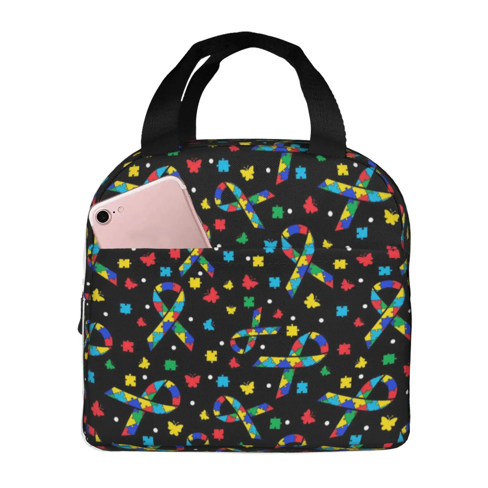 Autism Awareness Ribbon Butterfly Insulated Lunch Bag Portable Thermal Cooler Tote Handbag