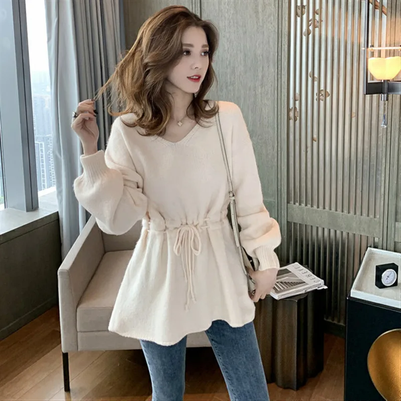 Autumn New Korean Style Lace up Waist Lantern Sleeve Knit Pullovers Female Sweater Loose and Slim Woman Sweater Fashion Top Tees