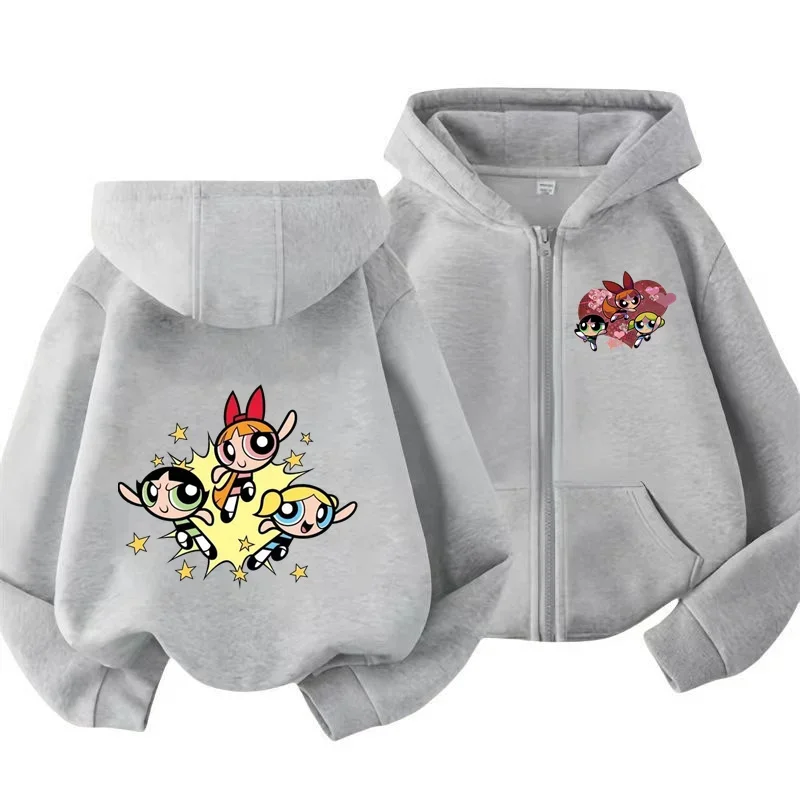 Kawaii anime Powerpuff ragazze camicia con cerniera con cappuccio cappotto sportivo ragazzi ragazze Chunqiu Harahara felpa con cappuccio Powerpuff