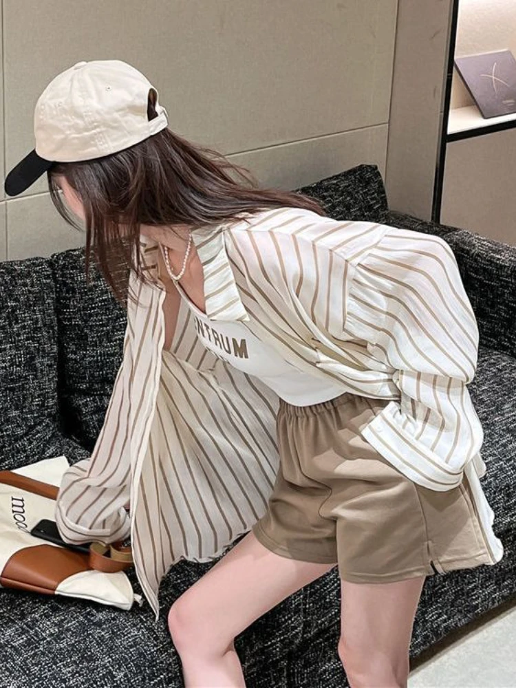 Shirts Women Striped Basics Creativity All-match Daily Sunscreen Leisure Lovely Korean Style Prevalent Age-reducing New Simple