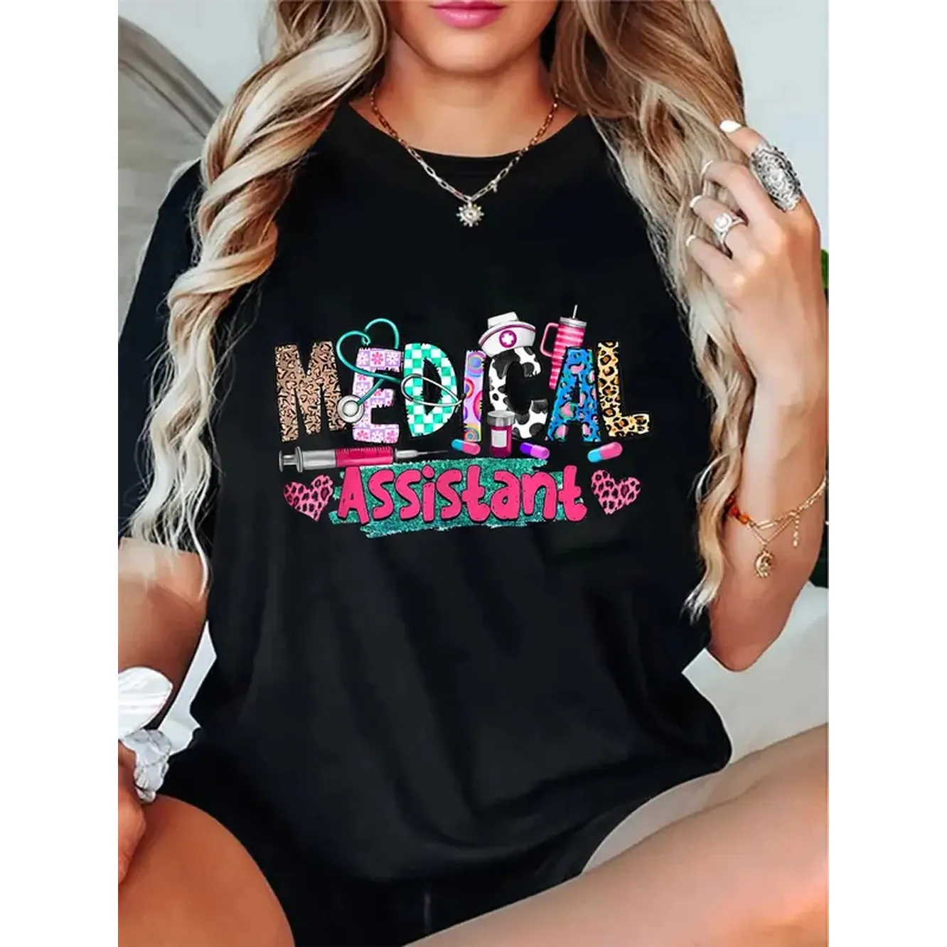 Men's 100% Cotton Short-Sleeve Casual Fit Streetwear T-Shirt - Unisex CMA Medical Assistant Nurse Leopard Stethoscope Top