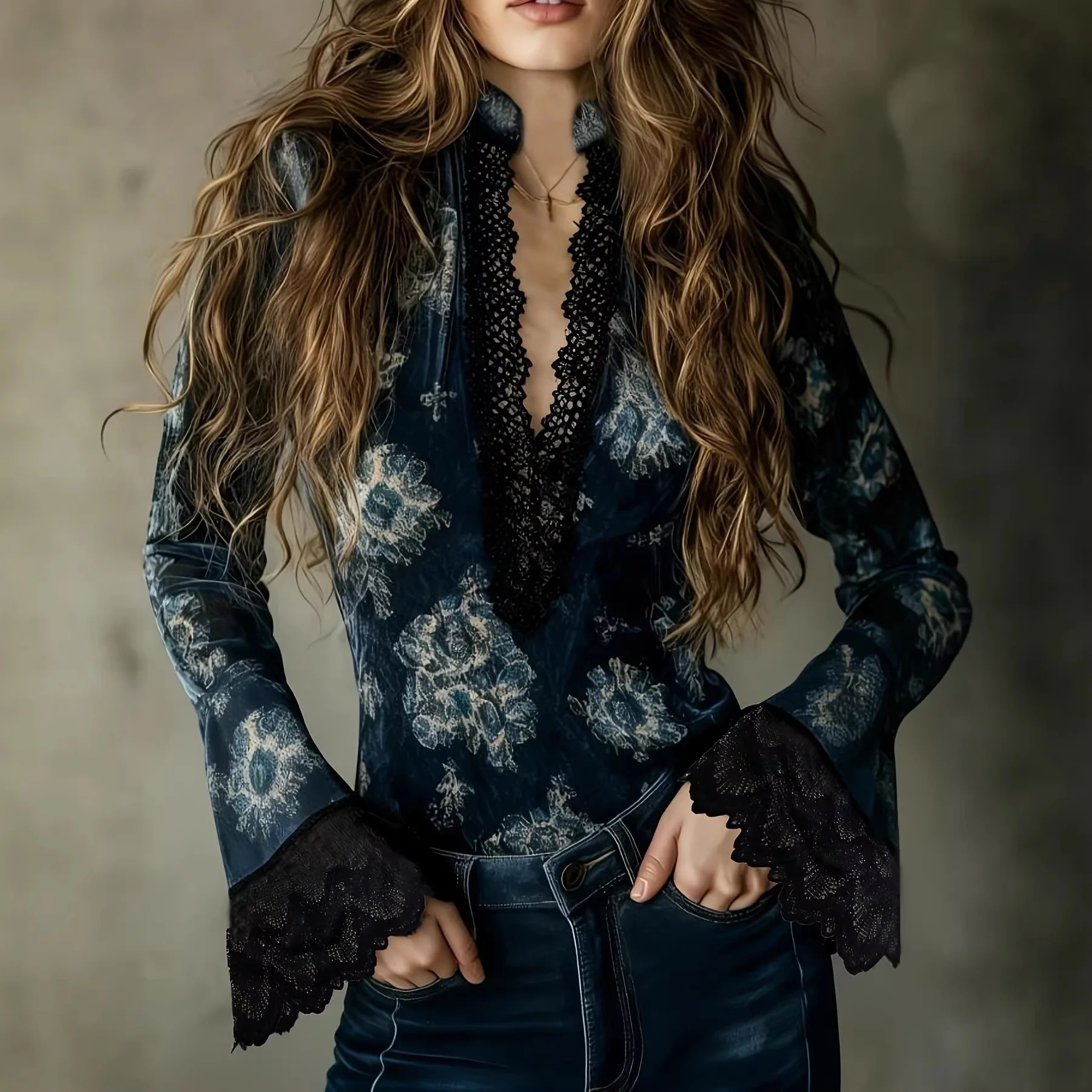 Women's Velvet Bell Sleeve Top 2026, Deep V-Neck Lace Trim Blouse, Vintage Floral Print Slim Fit Shirt for Fall Winter