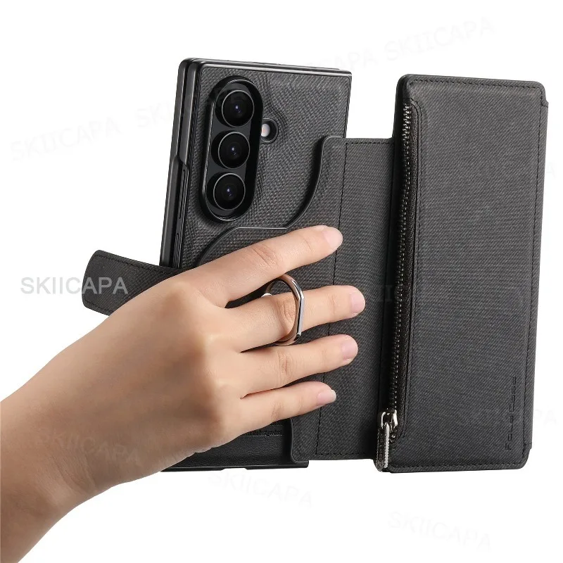 محفظة بسحاب غطاء مغناطيسي لهاتف سامسونج Z Fold 7 Fold6 Fold5 Fold4 Fold3 Magsafe 2 في 1 حامل جلدي قابل للطي حقيبة الهاتف