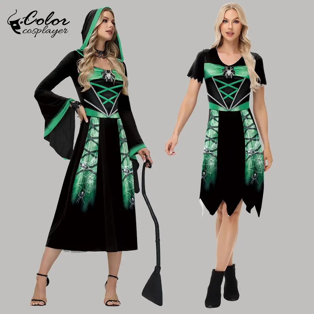 

Цветное платье ведьмы-паука для косплея, платье на Хэллоуин, костюм Джокера для косплея, платье с капюшоном, карнавальный наряд на день мертвых