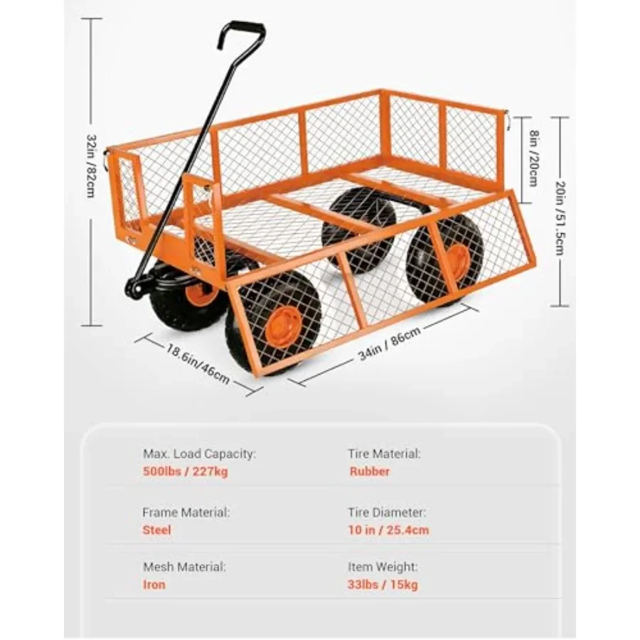 500 lbs Heavy Duty Steel Garden Cart - 3-in-1 Multi-Function Outdoor Wagon - Removable Mesh Sides, 10