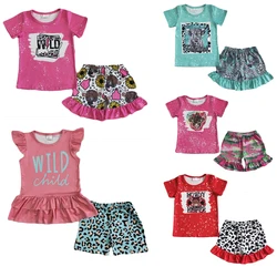 Promotion Children Summer Baby Girl Clothing Tie-dye Peace Love Turquoise Top Toddler Ruffle Leopard Shorts Kids Boutique Outfit