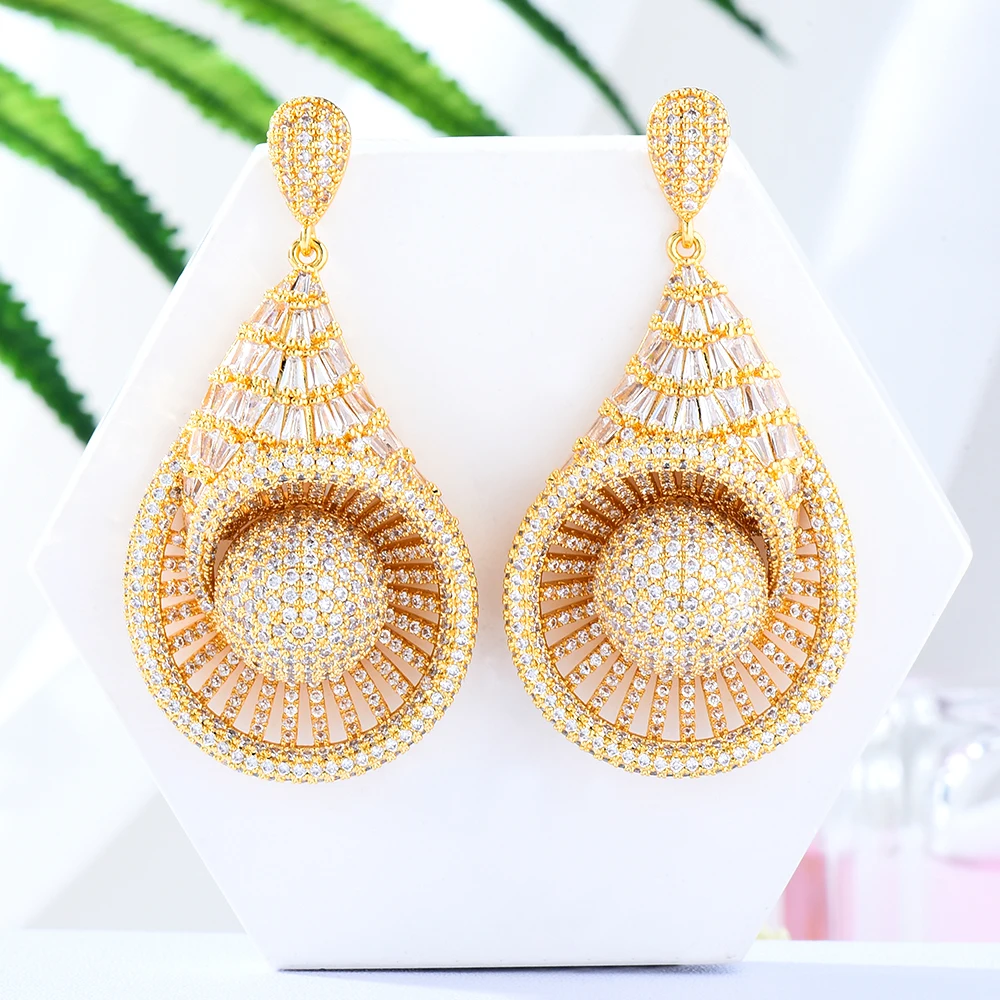 

Siscathy Africa Dubai Luxury Drop Earrings Women Cubic Zirconia Gold Color Hollow Hanging Earring Party Celebration Fine Jewelry