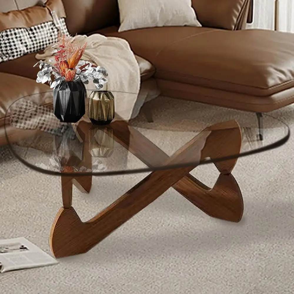 

Modern Glass Coffee Table with Unique Wooden Base, Ideal for Living Room, Study, and Outdoor Spaces (44.9in, Walnut & Transparen