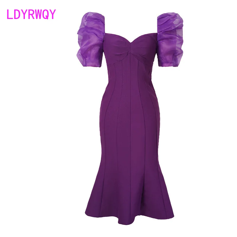 French Vintage Purple V-Neck Over Knee Dress New Bubble Sleeve Slim Fit Fishtail Long Dress