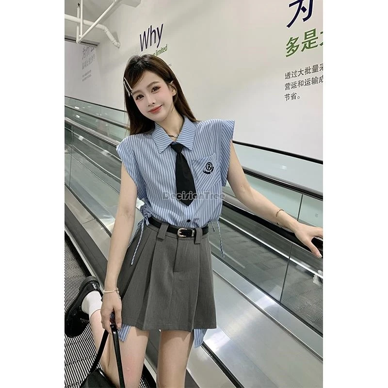 2025 women preppy vintage korea uniform jk set embroidered striped short sleeve shirt top pleated skirt fashion jk suit w393