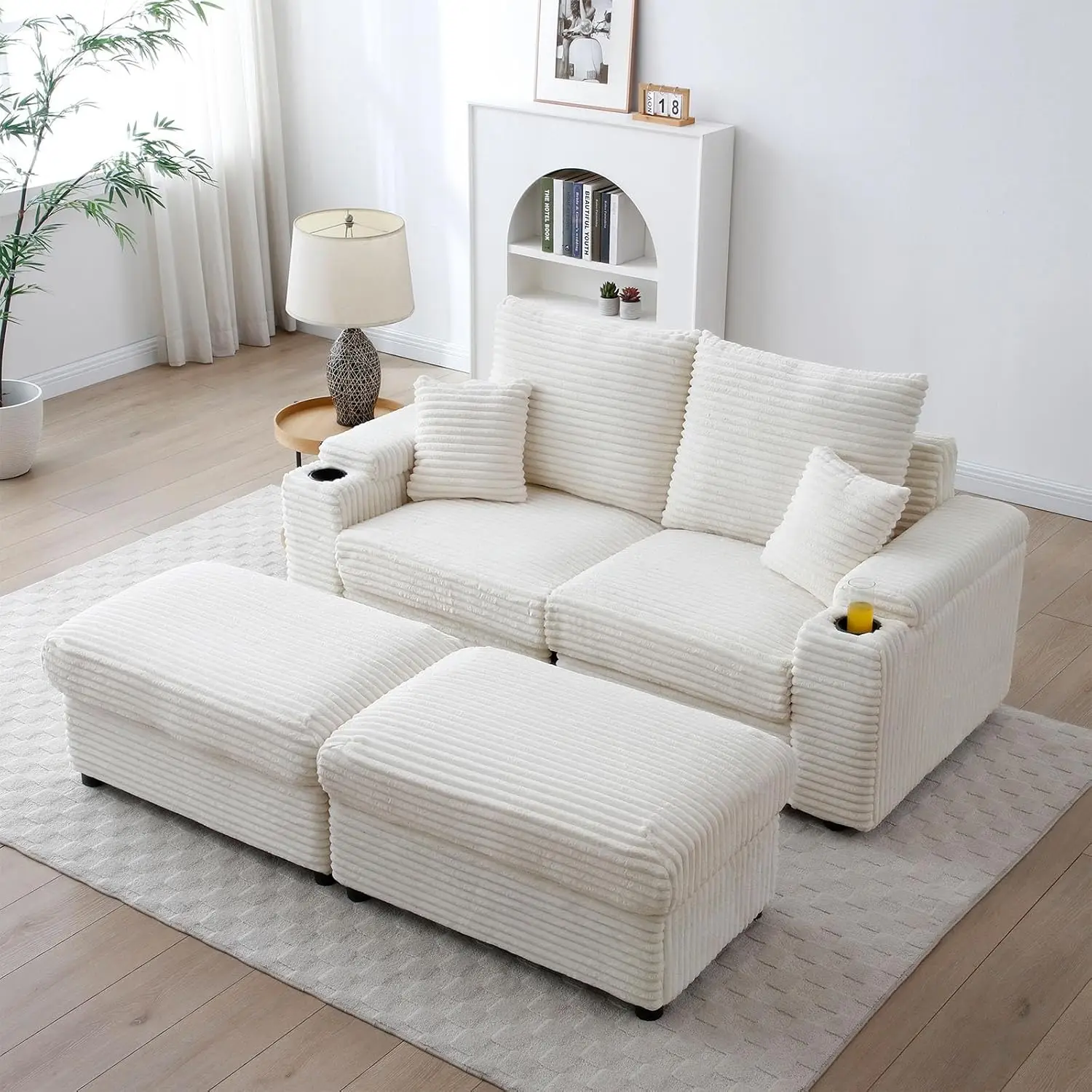 

Chaise Longue Indoor with Cup Holders & Storage Ottoman, 70-inch Modern Upholstered Corduroy Cloud Lounge Loveseat Sleeper Sofa