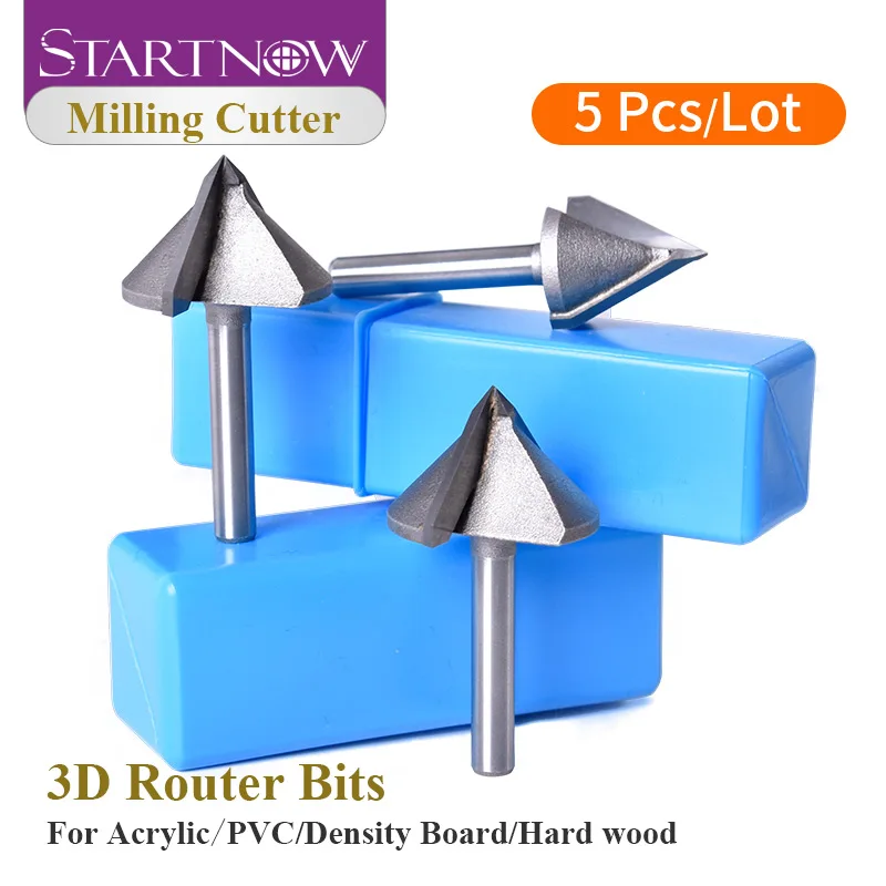 Startnow 5PCS 3D Router Bits 60 90 120 Degrees Milling Cutters Acrylic PVC MDF Hard Wood CNC Tool Router Engraving Bit End Mills