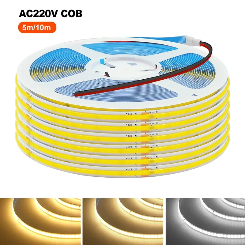 5m 10m 20m 50m COB LED Strip Light 220V Lamp with Chip High Bright 240 LEDs Linear Lighting RA90 Warm Natural White