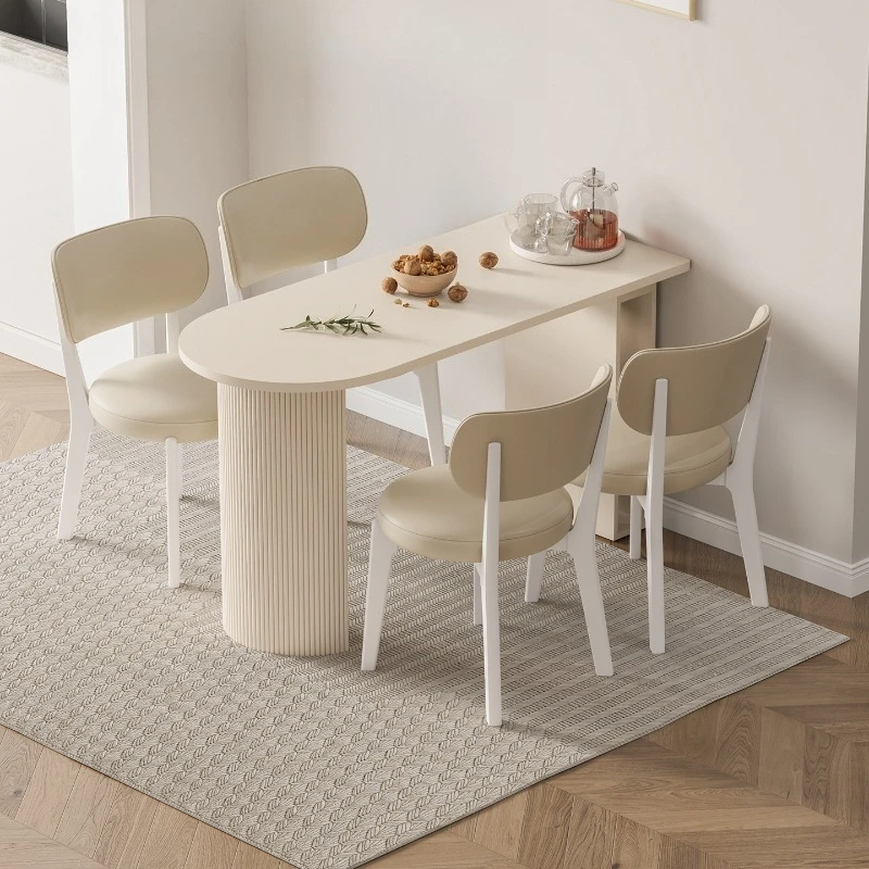 

Folding dining table small apartment household retractable oval semicircular cream wind table and chair combination