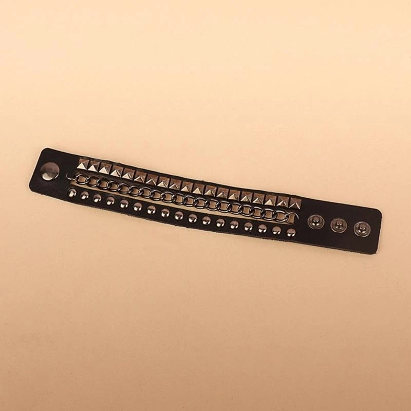 

5asd Punk PU Leather Bracelet Multilayers Rock Spikes Rivets Chains Bracelet Studded Wristband for Women Men Jewelry Gift