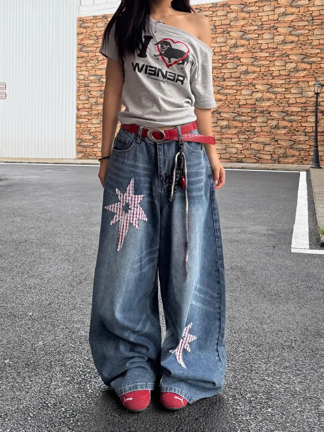 American Retro Star Embroidery Large Size Denim Pants Women's Loose Wide Leg Casual High Waist Knife Dragging Pants