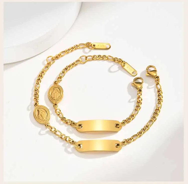Personalisiertes Namens-ID-Armband für Frauen und Kinder, Jungfrau-Maria-Anhänger, vergoldeter Edelstahl, wasserdichtes religiöses Geschenk – Detail 6
