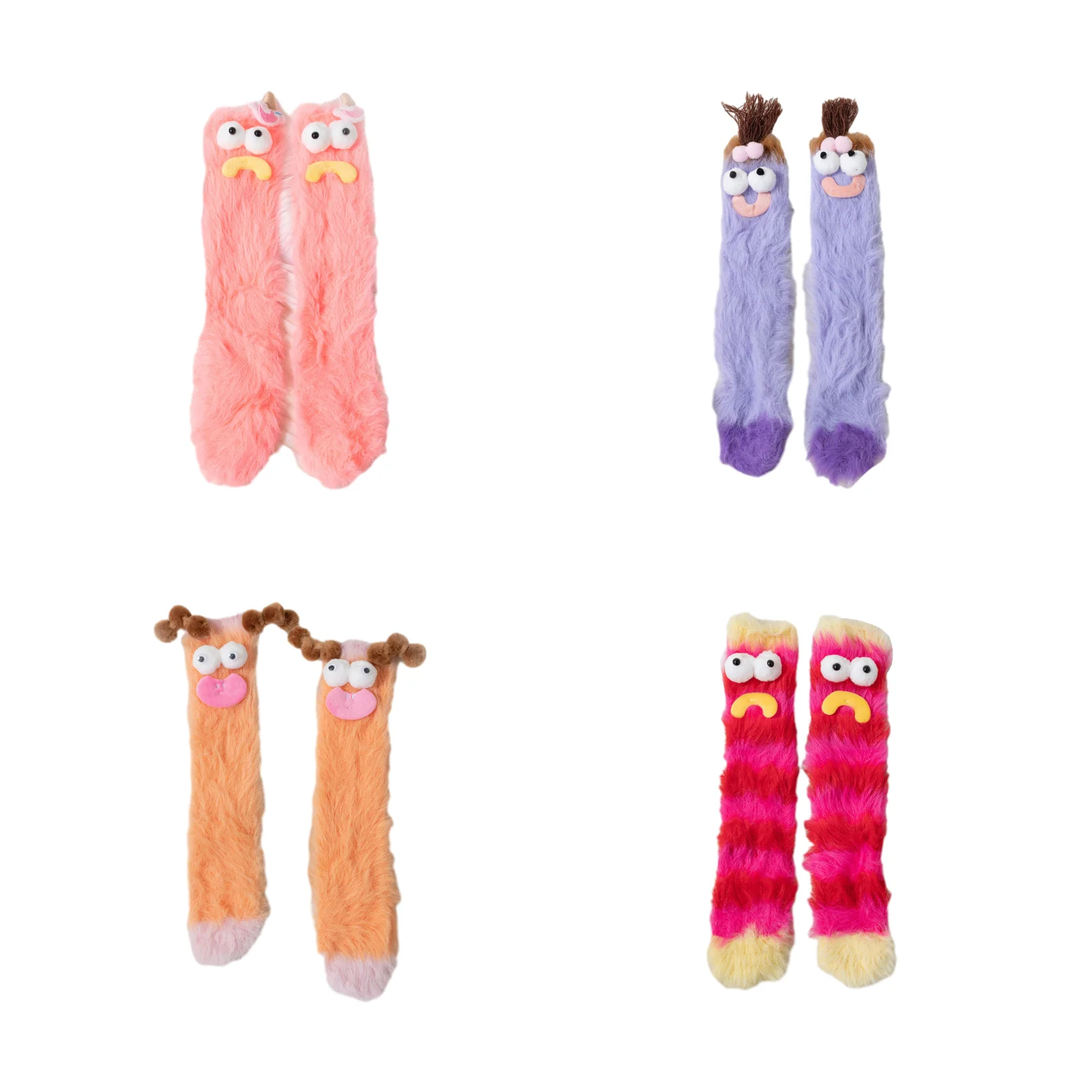 4 pairs of funny mink floor socks (pink + purple + orange monster + red)