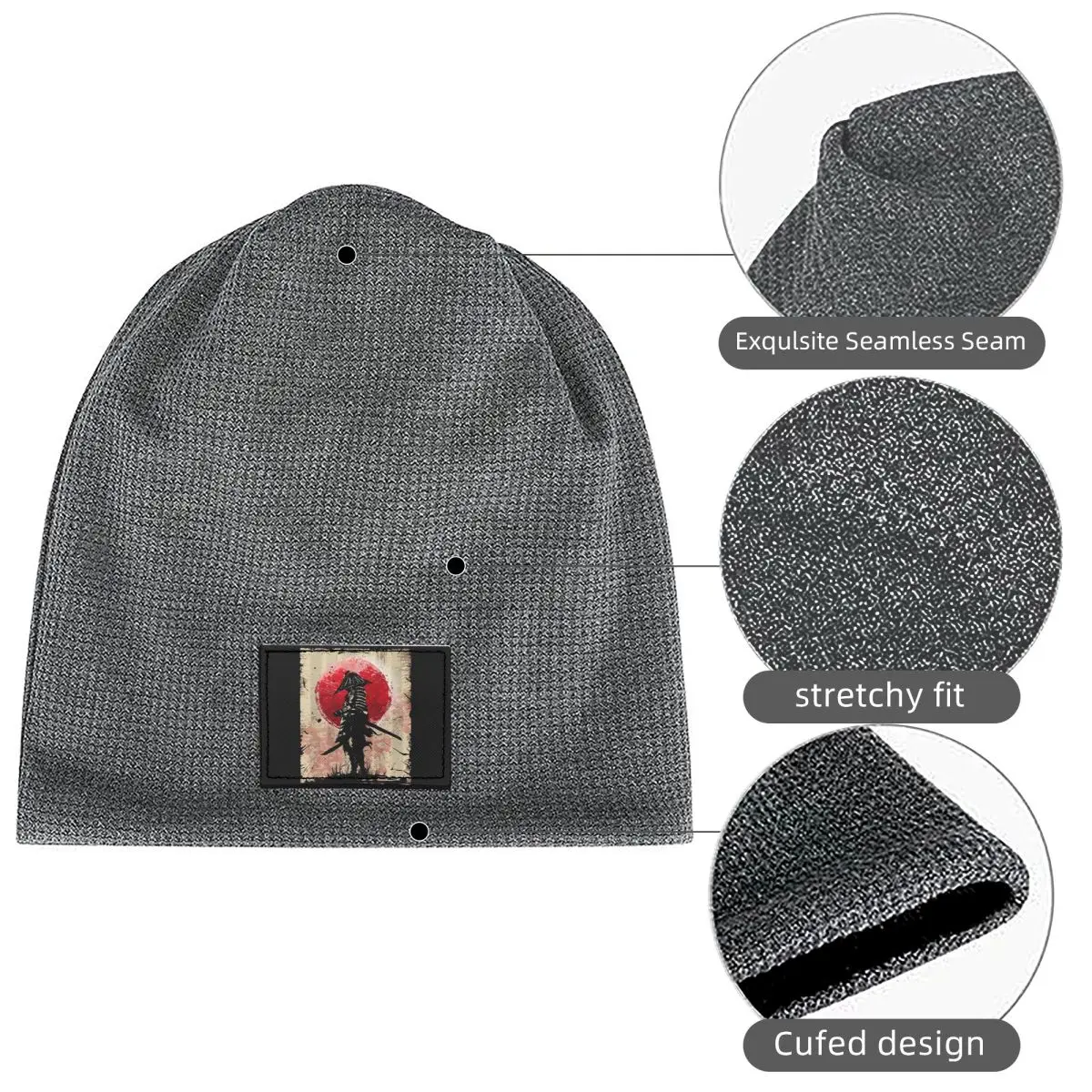 Japanese Art Samurai Fighter Bushido Waffle Knit Fleece Lined Beanie with PU Leather Patch Unisex Warm Winter Soft Cap