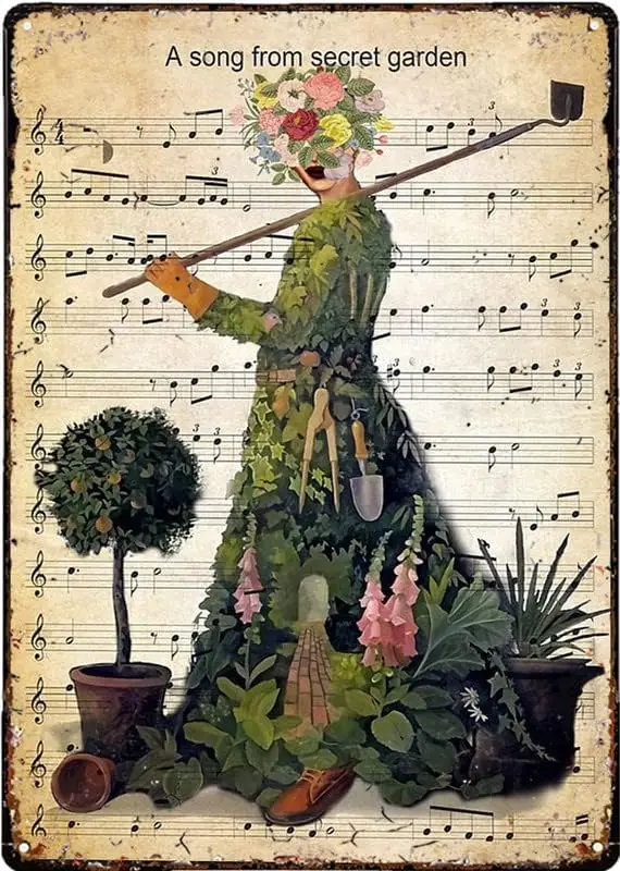 RIFOSA Vintage Metal Tin Sign Gardening A Song from Music Sheet The Garden I Go to Lose My Mind and Find My T-aluminum