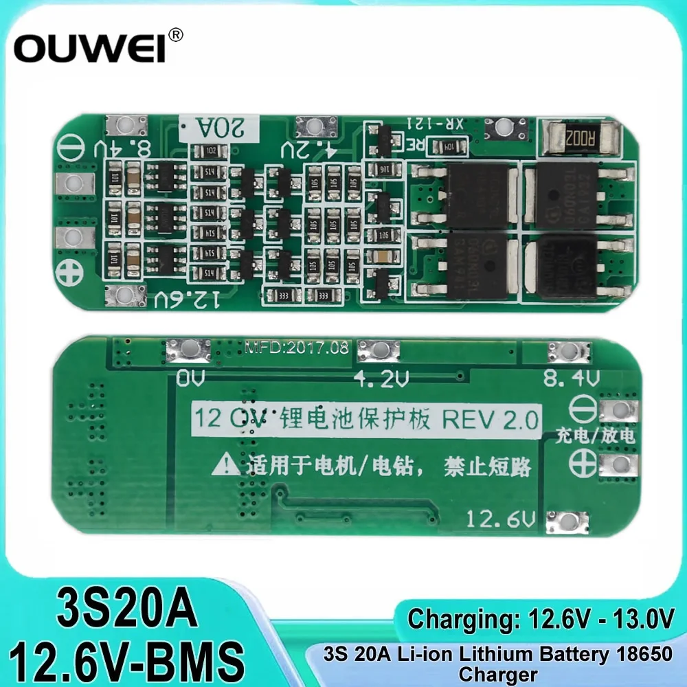 Batería de litio de iones de litio 3S 20A, cargador 18650, placa de protección PCB BMS, Motor de taladro, módulo de protección de carga de celda Lipo de 12,6 V