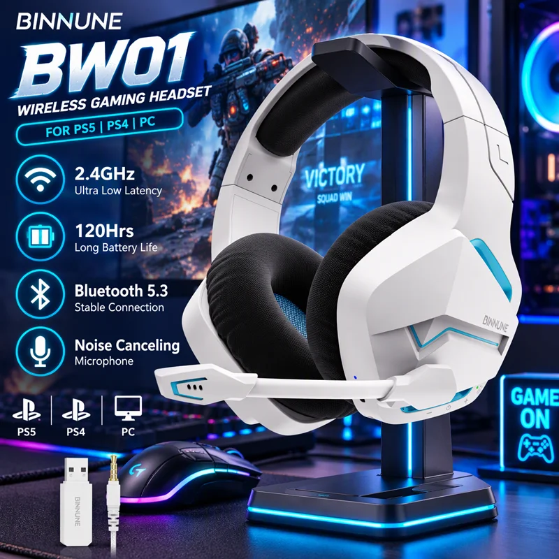 BINNUNE BW01 Kabelloses Gaming Headset 2.4GHz für PS5 PS4 PC, Bluetooth 5.3 mit 120 Stunden Laufzeit und Mikrofon mit Geräuschunterdrückung