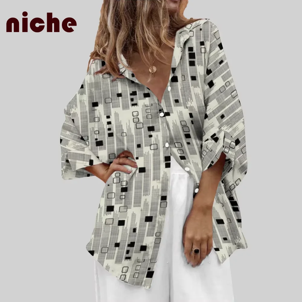 Loose Fashion Women's Shirt High Quality Chiffon Fabric Geometric Plaid Graphic Printing Chic Trend New Long Sleeve