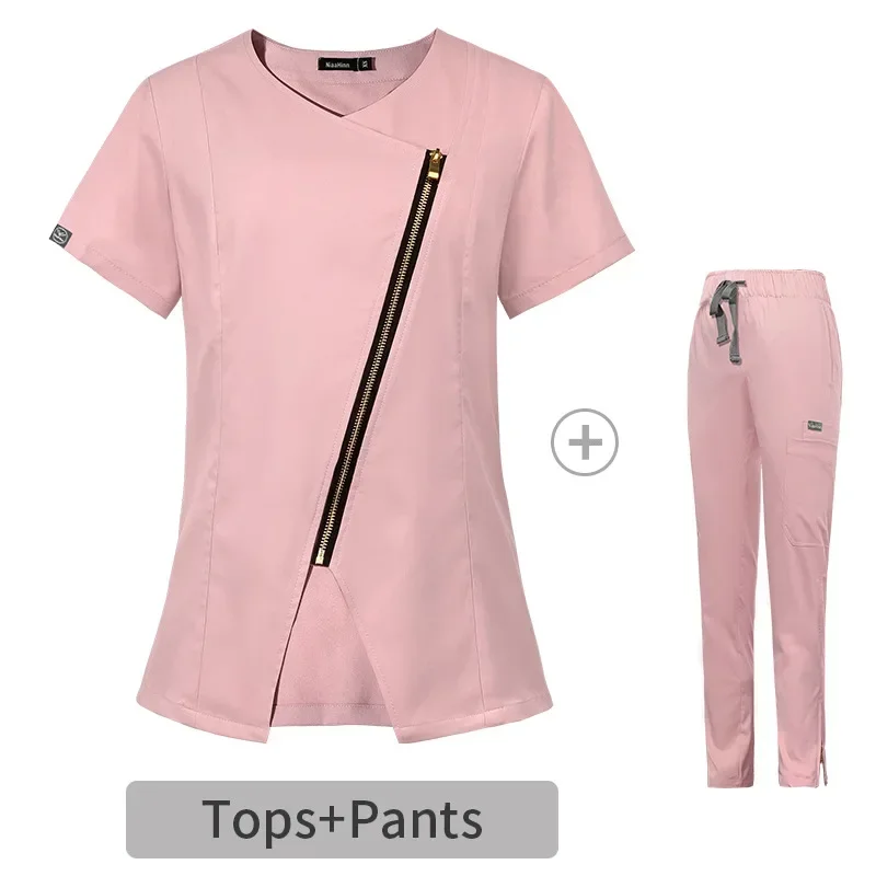 Conjunto exclusivo de esfrega feminino personalizado, Top e calça terno, Zíper de metal, Médicos Enfermagem Uniforme, Dental Pet Clinic Workwear, Macacão