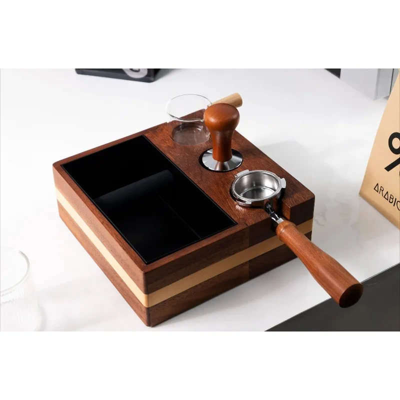 Multi Function Wooden Knock Box Coffee Tamper Distributor Base Integrated 3 Pcs Coffee Making Tool Set