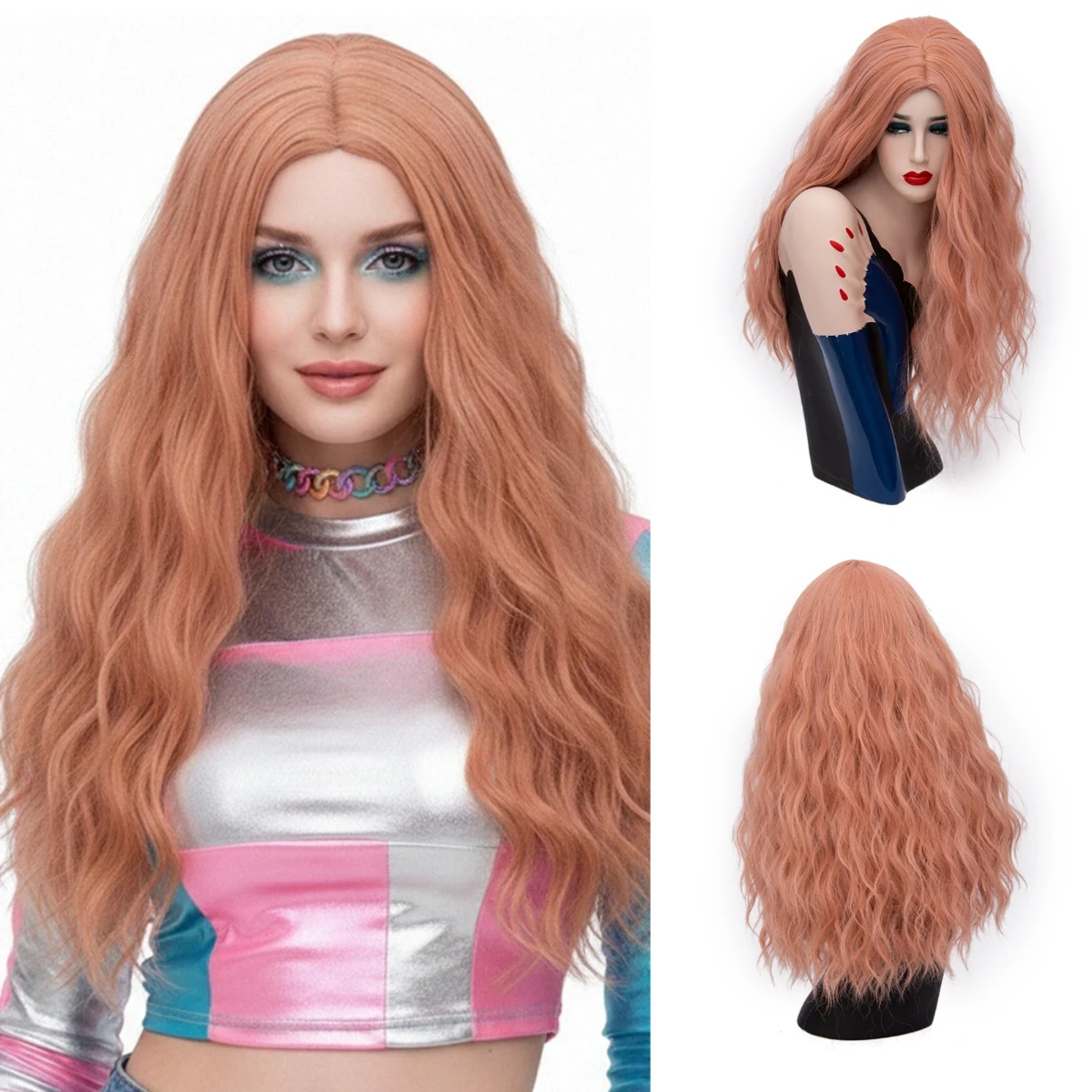 

Orange Pink Long Wavy Curly Synthetic Hair Wig Middle Part Wig for Women Heat Resistant Cosplay Daily Party