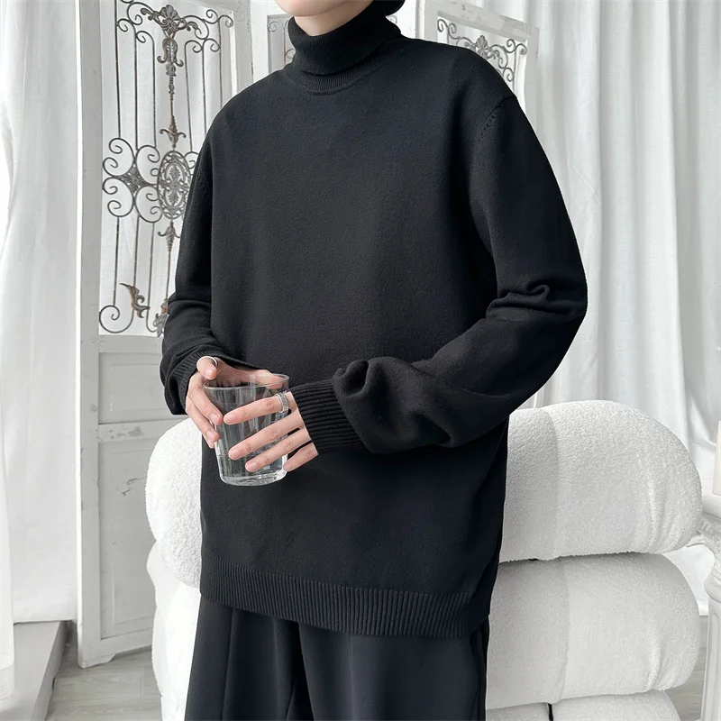 

2024 Men Turtleneck Sweaters Black White Knitted Top Pullover Solid Oversized Warm Clothing pull homme Plus Size Casual