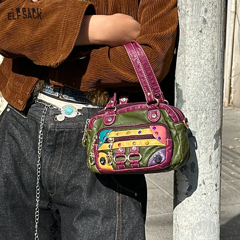 

Elfsack 2025 Summer New Arrivals Retro Contrasting Soft Leather Vintage Single Shoulder Crossbody Bag For Women