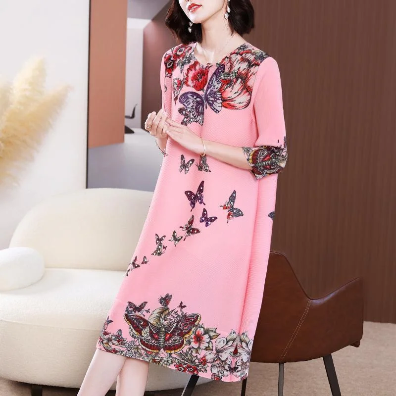 

New Womens Dresses Luxury Fashion Plus Size Pleated Dress Spring and Summer Fashion Print Age-reducing Loose Slim A-line Skirt