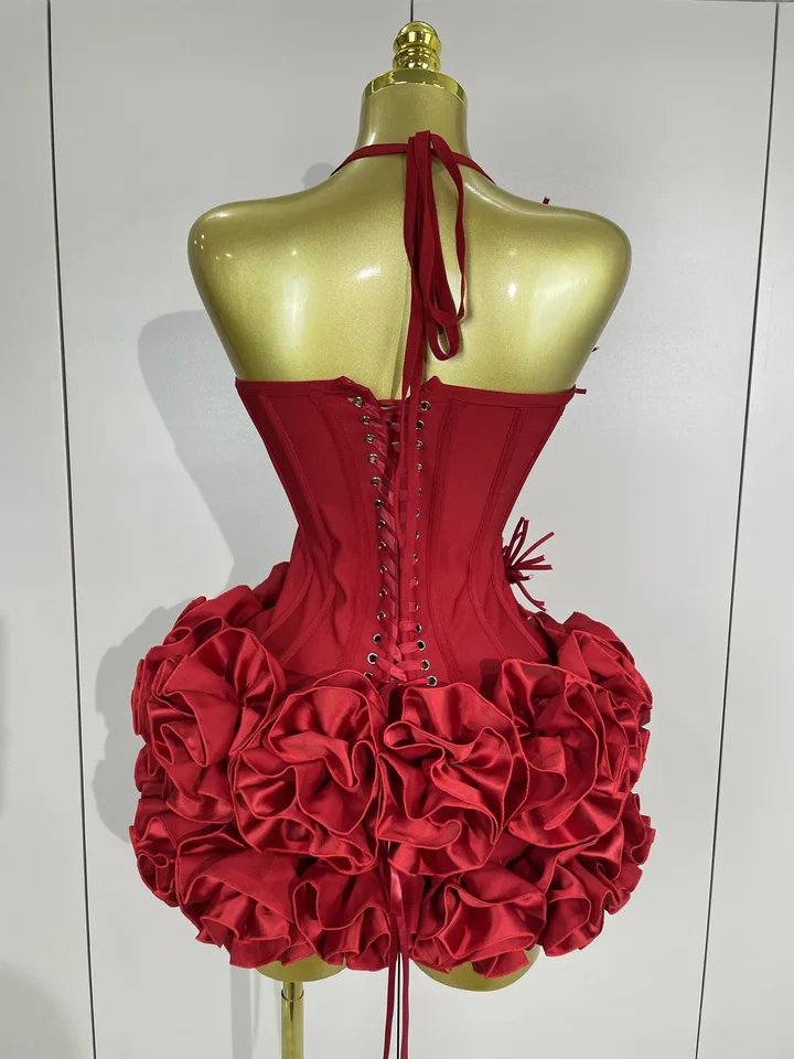 Vestido de Gala Halter Sexy para Mujer, Conjunto de Dos Piezas Elegante para Fiesta, Outfit de Venda Rojo y Negro para Cumpleaños 3