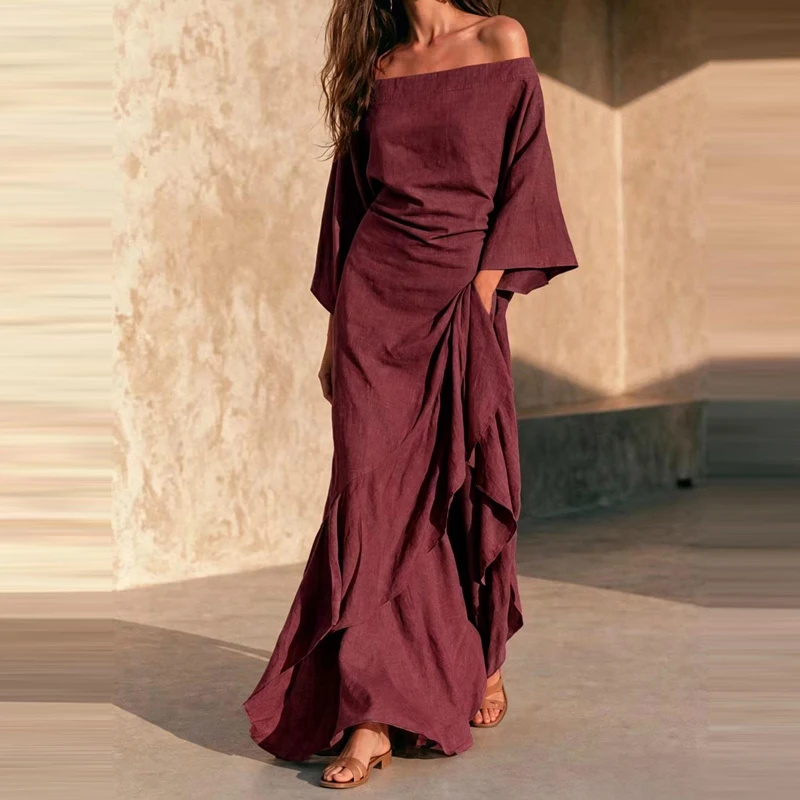 Fashion Solid Off Shoulder Flared Sleeve Dress Elegant Ruffle Edge Split Vacation Dress Temperament One Line Neck Backless Dress
