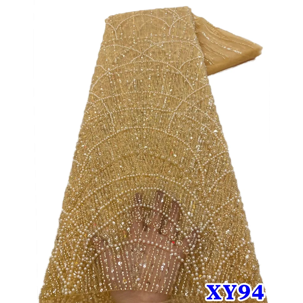 프랑스 튤 염색 비즈 레이스 원단 나이지리아 신상품 5야드 진주 스팽글 자수 비즈 레이스 원단 웨딩 드레스용