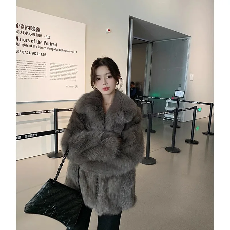 Women Faux Fur Coats Solid Fluffy Jacket Thick Stand Collar Long Sleeve Covered Button Mid Lenth Loose Casual 2025 Autumn Winter