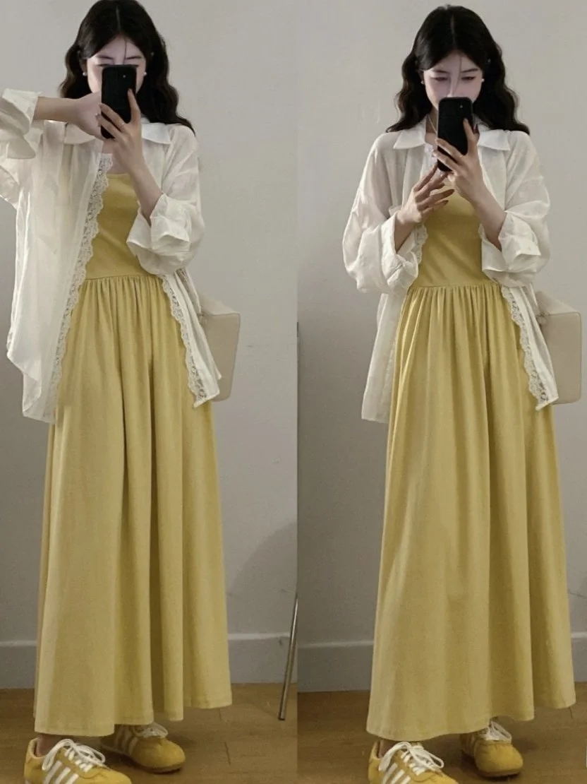 

plus Size Women's Spring Summer Lace Splicing irt Cardigan Dr Set Faionable Two-Piece Ensemble Long Sve Midi Dr