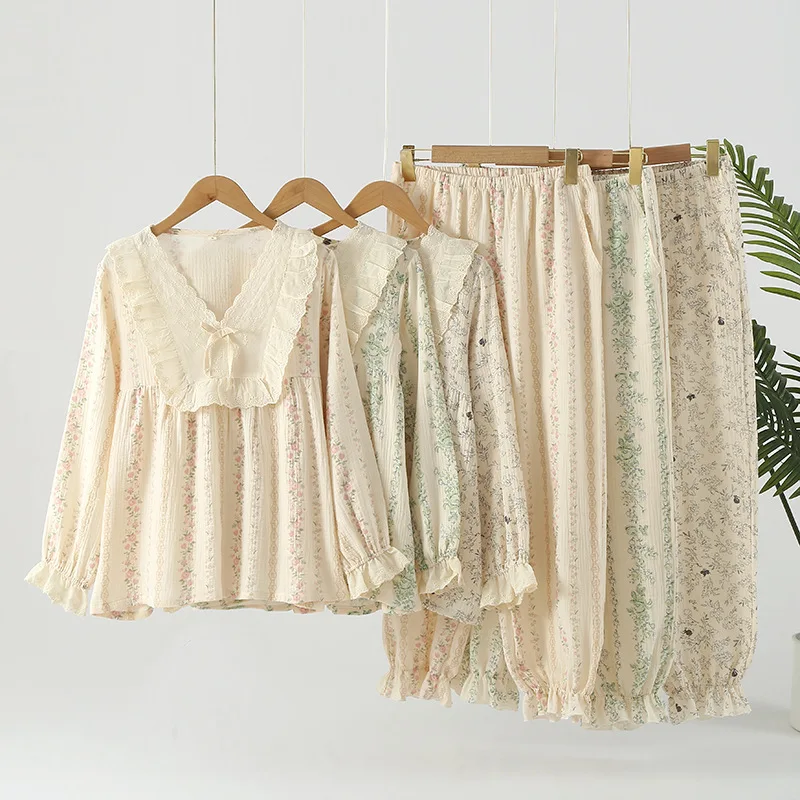 

Gentle Women's Floral Pure Cotton Yarn Loose Double-layer Gauze Homewear Pajamas 2pcs Set Autumn Long-sleeved Pants Home Wear