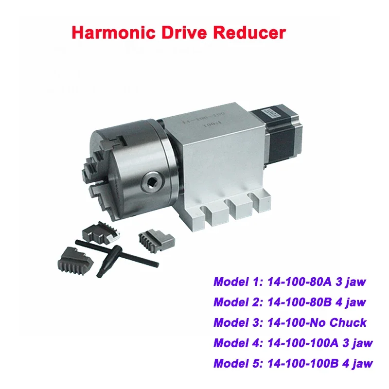 Harmonic Drive Reducer 3 4 Jaw 80mm 100mm Chuck CNC 4th Axis Rotary Axis Speed Reducing Ratio 100 for Milling Machine