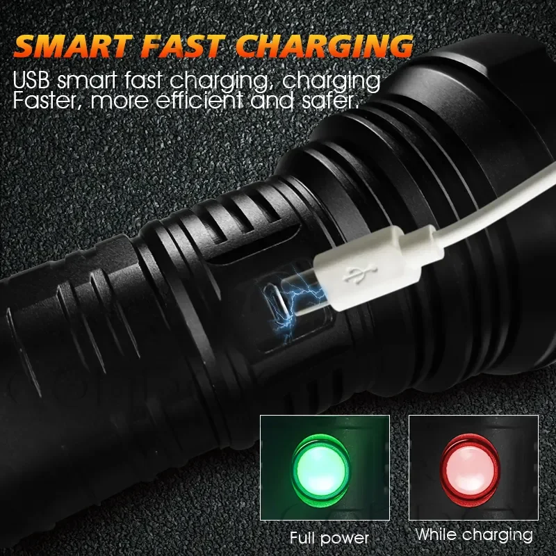 LED Rechargeable Flashlight, Portable Light, Outdoor Emergency Lighting, Black USB